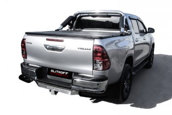 Защита заднего бампера Slitkoff (Ø 76 мм, уголки) Toyota Hilux  AN120 (2017-2020) 1-ый рестайлинг (Сталь с полимерным покрытием. Цвет: черный)