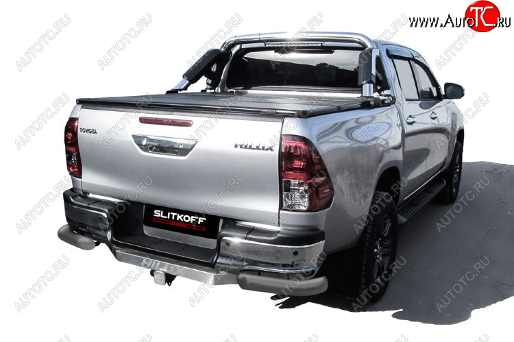 8 999 р. Защита заднего бампера Slitkoff (Ø 76 мм, уголки)  Toyota Hilux  AN120 (2017-2020) 1-ый рестайлинг (Сталь с полимерным покрытием. Цвет: серебристый)  с доставкой в г. Кемерово