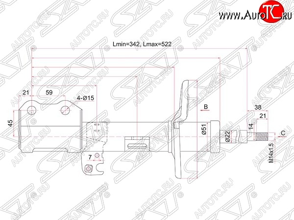 4 089 р. Левый амортизатор передний (2WD, 4WD) SAT Toyota Allion T260 седан дорестайлинг (2007-2010)  с доставкой в г. Кемерово