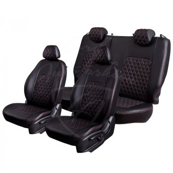 9 449 р. Чехлы для сидений Lord Autofashion Турин Ромб (экокожа) Toyota Auris E150 хэтчбэк 5 дв. дорестайлинг (2006-2010) (Черный, вставка черная, строчка красная)  с доставкой в г. Кемерово. Увеличить фотографию 5