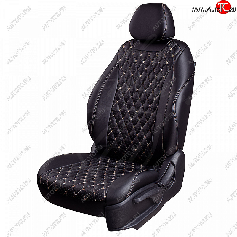 19 649 р. Чехлы для сидений Lord Autofashion Байрон (экокожа, раздельная спинка, подлокотник, отдельные бока, 2 П и 1 Г-образных подголовника) Toyota Camry XV55 1-ый рестайлинг (2014-2017) (Черный, вставка черная, строчка бежевая)  с доставкой в г. Кемерово
