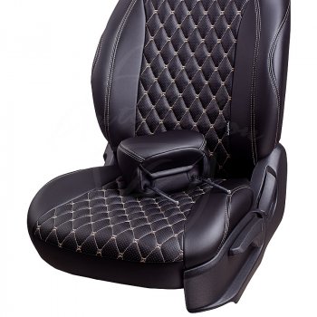 19 649 р. Чехлы для сидений Lord Autofashion Байрон (экокожа, 60/40, подлокотник, отдельные бока, 2 П- и 1 Г-образных подголовника) Toyota Camry XV70 дорестайлинг (2017-2021) (Черный, вставка черная, строчка бежевая)  с доставкой в г. Кемерово. Увеличить фотографию 6