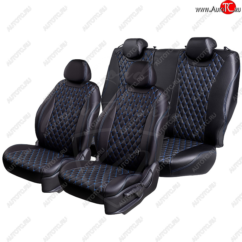 13 949 р. Чехлы для сидений Lord Autofashion Байрон (экокожа, 60/40, подлокотник, отдельные бока, 2 П- и 1 Г-образных подголовника)  Toyota Camry  XV70 (2017-2021) дорестайлинг (Черный, вставка черная, строчка синяя)  с доставкой в г. Кемерово