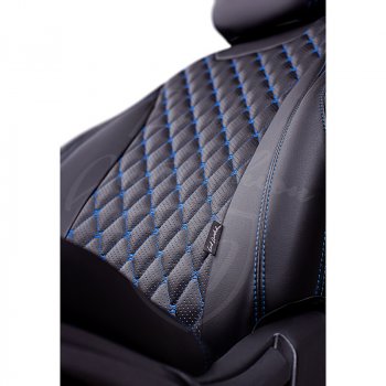 13 949 р. Чехлы для сидений Lord Autofashion Байрон (экокожа, 60/40, подлокотник, отдельные бока, 2 П- и 1 Г-образных подголовника) Toyota Corolla E150 седан дорестайлинг (2006-2010) (Черный, вставка черная, строчка синяя)  с доставкой в г. Кемерово. Увеличить фотографию 2