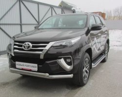 22 699 р. Защита переднего бампера Slitkoff (Ø 76+Ø 57 мм, двойная)  Toyota Fortuner  AN160 (2015-2020) дорестайлинг (Цвет: нержавеющая полированная сталь)  с доставкой в г. Кемерово. Увеличить фотографию 2