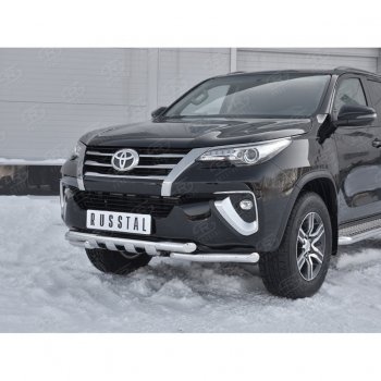 28 799 р. Защита переднего бампера (Ø63 мм с клыками, нержавейка) SLITKOFF  Toyota Fortuner  AN160 (2015-2020) дорестайлинг  с доставкой в г. Кемерово. Увеличить фотографию 4