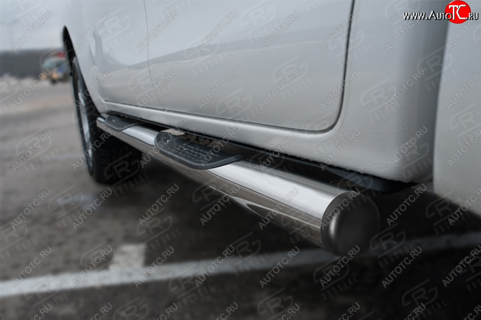 22 599 р. Защита порогов (Ø76 мм с накладкой, BLACK ONYX) SLITKOFF  Toyota Hilux  AN120 (2020-2025) 2-ой рестайлинг (с пластиковыми заглушками на торцах, полированная нержавейка)  с доставкой в г. Кемерово
