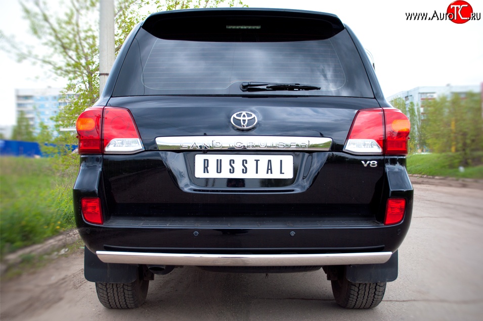 6 899 р. Защита заднего бампера (Ø75x42 мм, нержавейка) Russtal Toyota Land Cruiser 200 1-ый рестайлинг (2012-2015)  с доставкой в г. Кемерово