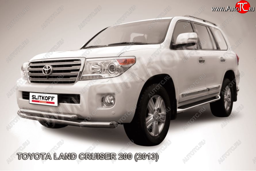 21 349 р. Защита переднего бампера Slitkoff (Ø76 и 57 мм)  Toyota Land Cruiser  200 (2012-2015) 1-ый рестайлинг (Нержавейка полированная)  с доставкой в г. Кемерово