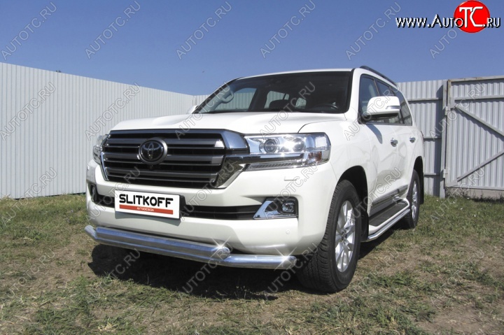 22 199 р. Двойная защита переднего бампера из труб диаметром по 76 мм Slitkoff  Toyota Land Cruiser  200 (2015-2021) 2-ой рестайлинг (Цвет: нержавеющая полированная сталь)  с доставкой в г. Кемерово
