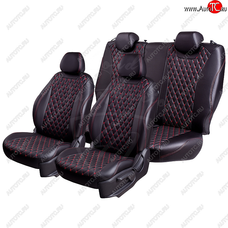 14 999 р. Чехлы для сидений Lord Autofashion Байрон (экокожа, спинка и сиденье 60/40, 3 Г-образных подголовника)  Toyota Land Cruiser Prado  J150 (2009-2013) дорестайлинг (Черный, вставка черная, строчка красная)  с доставкой в г. Кемерово