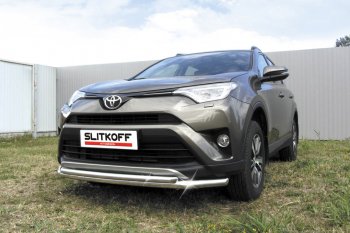 13 699 р. Защита переднего бампера Slitkoff (Ø57 и 42 мм)  Toyota RAV4  XA40 (2015-2019) 5 дв. рестайлинг (Нержавейка полированная)  с доставкой в г. Кемерово. Увеличить фотографию 1