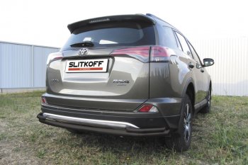 13 699 р. Защита заднего бампера Slitkoff (Ø57 и 42 мм, длинная)  Toyota RAV4  XA40 (2015-2019) 5 дв. рестайлинг (Нержавейка полированная)  с доставкой в г. Кемерово. Увеличить фотографию 2