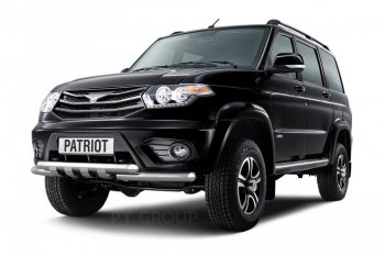 Защита переднего бампера двойная с зубьями из труб d63/63 мм Petroil Tuning Уаз Патриот ( 23632,  3163 5-дв.) (2014-2016) 1 рестайлинг пикап, 1-ый рестайлинг (Нержавеющая полированная сталь)