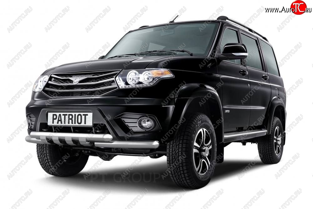 30 099 р. Защита переднего бампера двойная с зубьями из труб d63/63 мм Petroil Tuning  Уаз Патриот ( 23632,  3163 5-дв.) (2014-2016) 1 рестайлинг пикап, 1-ый рестайлинг (Нержавеющая полированная сталь)  с доставкой в г. Кемерово