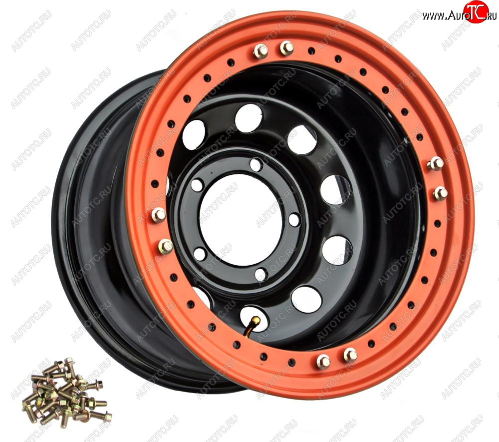 17 359 р. Штампованый диск OFF-ROAD Wheels (стальной усиленный с бедлоком, круг - черный/оранжевый). 10.0 x 16    с доставкой в г. Кемерово