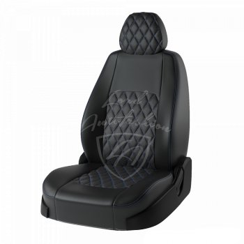 Чехлы для сидений рестайл Lord Autofashion Турин Ромб (экокожа) Лада Приора 2172 хэтчбек дорестайлинг (2008-2014) (Черный, вставка черная, строчка синяя)
