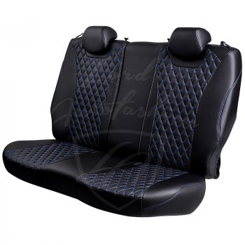 13 949 р. Чехлы для сидений Lord Autofashion Байрон (экокожа, сплошная спинка, 2 Г-образных подголовника) Лада Гранта FL 2191 лифтбек (2018-2025) (Черный, вставка черная, строчка синяя)  с доставкой в г. Кемерово. Увеличить фотографию 4
