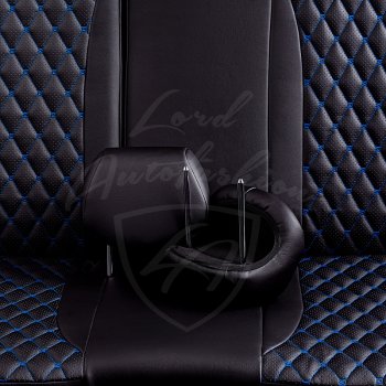 13 949 р. Чехлы для сидений Lord Autofashion Байрон (экокожа, сплошная спинка, 2 Г-образных подголовника) Лада Гранта FL 2191 лифтбек (2018-2025) (Черный, вставка черная, строчка синяя)  с доставкой в г. Кемерово. Увеличить фотографию 5