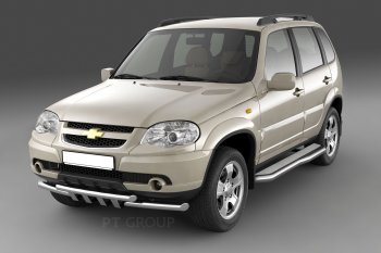 Порожки для ног из трубы Ø51 с алюминиевой фигурной площадкой Petroil Tuning Chevrolet Niva  2123 (2009-2020), Лада 2123 (Нива Шевроле) (2009-2021) (Нержавеющая полированная сталь)