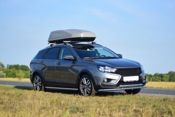 Защита порогов из трубы Ø51 Cross Petroil Tuning Лада Веста  SW 2181 (2017-2022) универсал дорестайлинг (Нержавеющая полированная сталь)