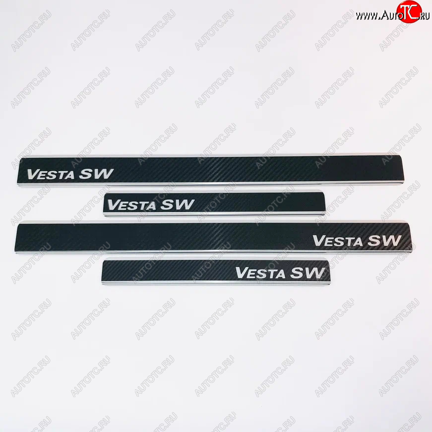 2 489 р. Накладки порожков салона INOX (SW)  Лада Веста  SW 2181 (2017-2025) универсал дорестайлинг, универсал рестайлинг (Нержавеющая сталь + карбон)  с доставкой в г. Кемерово