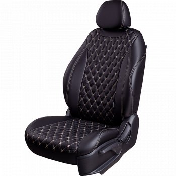 19 649 р. Чехлы для сидений Lord Autofashion Байрон (экокожа, 60/40, подлокотник, 3 Г-образных подголовника) Volkswagen Jetta A6 седан рестайлинг (2015-2018) (Черный, вставка черная, строчка бежевая)  с доставкой в г. Кемерово. Увеличить фотографию 2