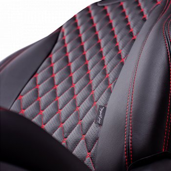 13 949 р. Чехлы для сидений Lord Autofashion Байрон (экокожа, 60/40, подлокотник, 3 Г-образных подголовника)  Volkswagen Jetta  A6 (2011-2018) седан дорестайлинг, седан рестайлинг (Черный, вставка черная, строчка красная)  с доставкой в г. Кемерово. Увеличить фотографию 3