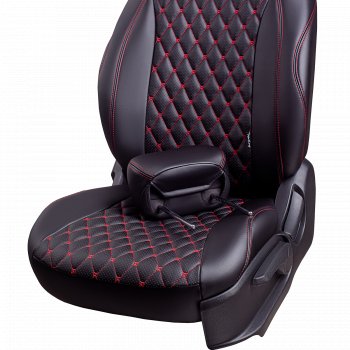 13 949 р. Чехлы для сидений Lord Autofashion Байрон (экокожа, 60/40, подлокотник, 3 Г-образных подголовника)  Volkswagen Jetta  A6 (2011-2018) седан дорестайлинг, седан рестайлинг (Черный, вставка черная, строчка красная)  с доставкой в г. Кемерово. Увеличить фотографию 5