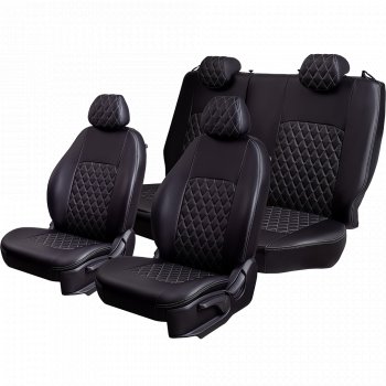 9 449 р. Чехлы для сидений Lord Autofashion Турин Ромб (экокожа, спинка и сиденье 60/40, 2 П- и 1 Г-образных подголовника) Volkswagen Polo 5 хэтчбек рестайлинг (2015-2020) (Черный, вставка черная, строчка серая)  с доставкой в г. Кемерово. Увеличить фотографию 2