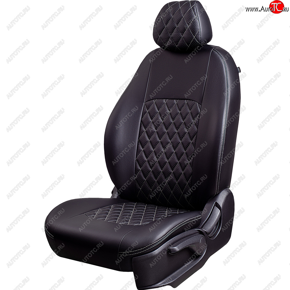 9 449 р. Чехлы для сидений Lord Autofashion Турин Ромб (экокожа, спинка и сиденье 60/40, 2 П- и 1 Г-образных подголовника) Volkswagen Polo 5 хэтчбек рестайлинг (2015-2020) (Черный, вставка черная, строчка серая)  с доставкой в г. Кемерово