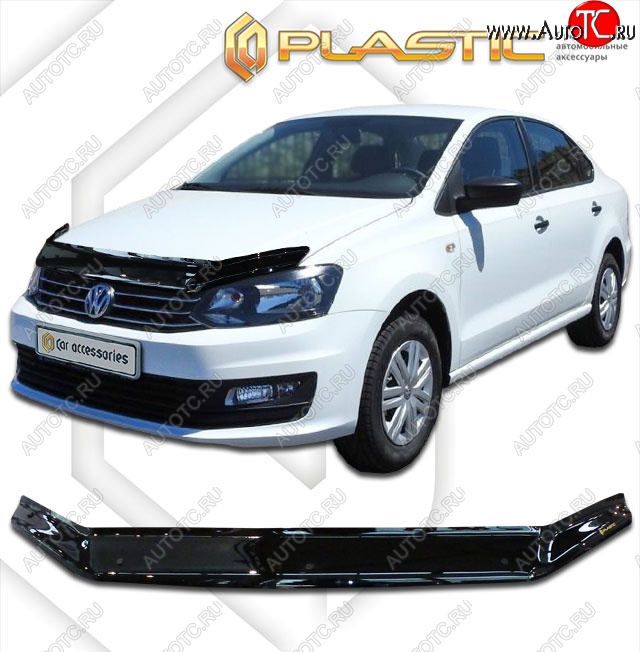 2 079 р. Дефлектор капота CA-Plastic  Volkswagen Polo  5 (2015-2020) седан рестайлинг (Classic черный, Без надписи)  с доставкой в г. Кемерово