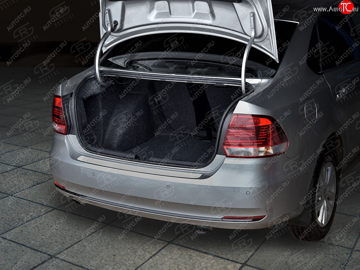1 479 р. Защитная накладка заднего бампера Russtal Volkswagen Polo 5 седан рестайлинг (2015-2020) (Нержавейка полированная)  с доставкой в г. Кемерово