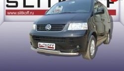 14 749 р. Двойная защита переднего бампера из труб диаметрами по 57 мм Slitkoff  Volkswagen Transporter  T5 (2003-2009) дорестайлинг (Цвет: нержавеющая полированная сталь)  с доставкой в г. Кемерово. Увеличить фотографию 1