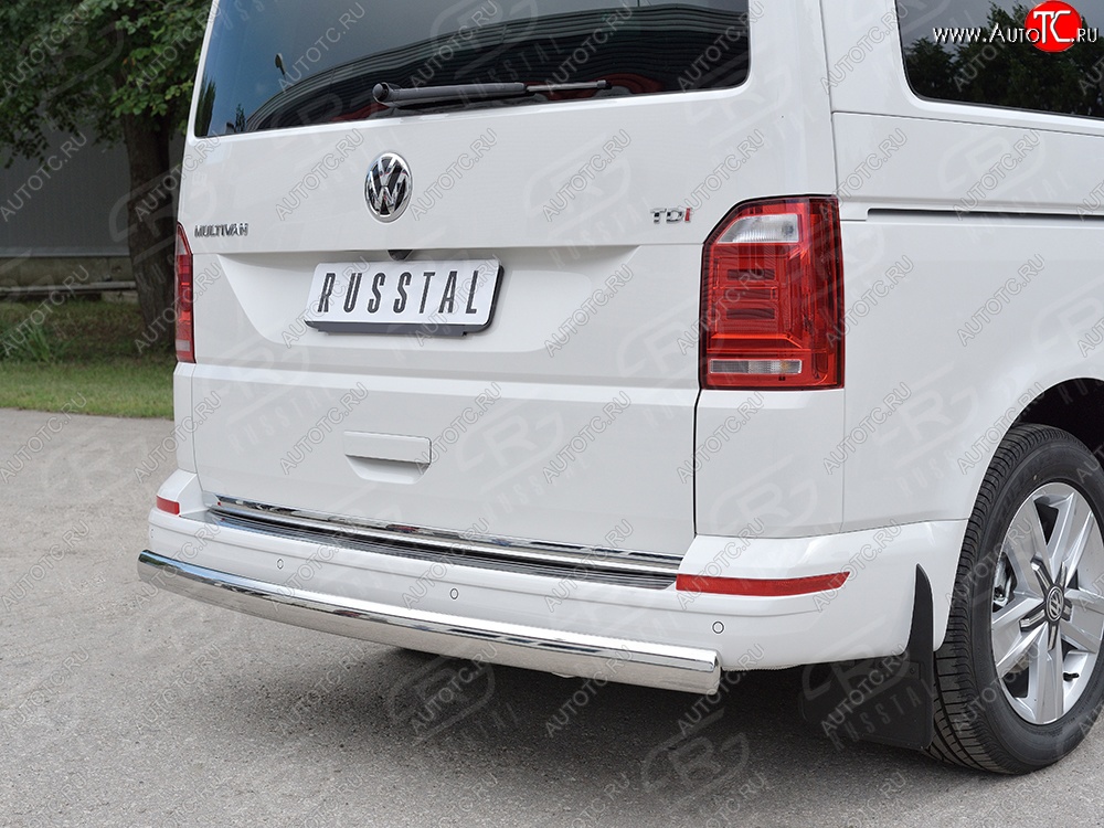 11 599 р. Защита заднего бампера (Ø75x42 мм, нержавейка, длинная база) Russtal Volkswagen Transporter T6 дорестайлинг (2015-2019)  с доставкой в г. Кемерово