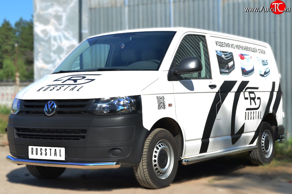 71 999 р. Левая защита порогов из круглой трубы диаметром 63 мм Russtal Volkswagen Transporter T6 дорестайлинг (2015-2019) (Защита порогов с со скосами на торцах (вариант 1))  с доставкой в г. Кемерово