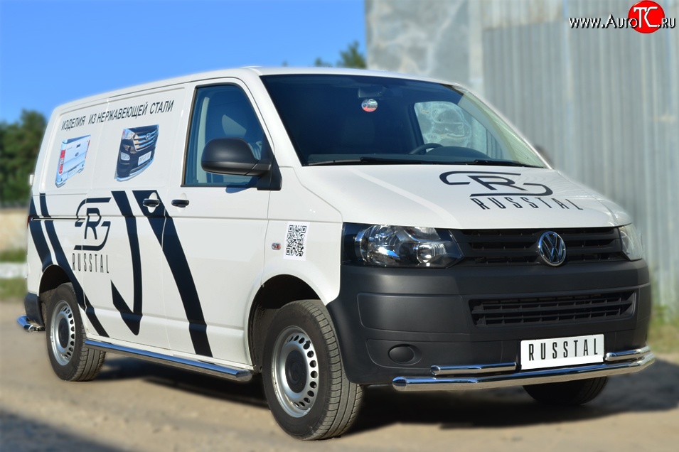 71 999 р. Правая защита порогов из круглой трубы диаметром 63 мм Russtal Volkswagen Transporter T6 дорестайлинг (2015-2019) (Защита порогов с со скосами на торцах (вариант 1))  с доставкой в г. Кемерово