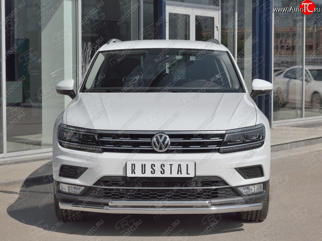 14 649 р. Защита переднего бампера (2 трубы Ø63 и 75х42 мм, нержавейка) Russtal Volkswagen Tiguan Mk2 дорестайлинг (2016-2020)  с доставкой в г. Кемерово