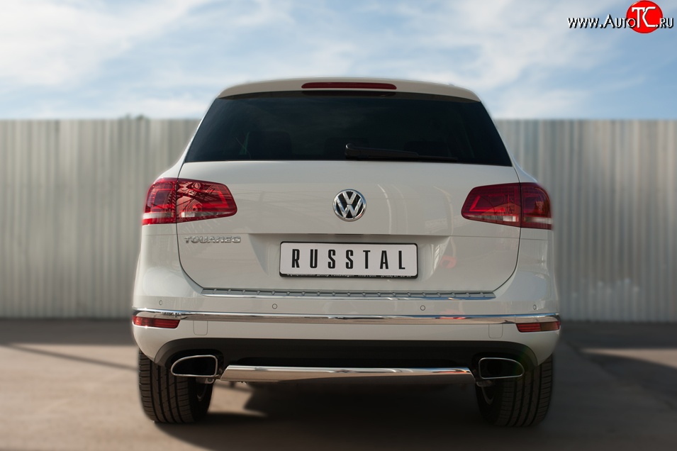 13 999 р. Защита заднего бампера (Ø75x42 мм, нержавейка) Russtal Volkswagen Touareg NF рестайлинг (2014-2018)  с доставкой в г. Кемерово