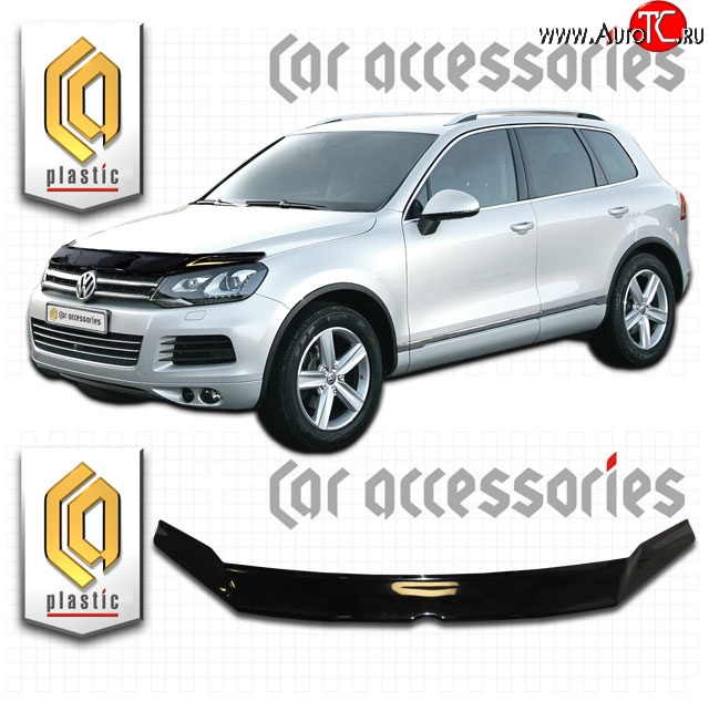 2 399 р. Дефлектор капота CA Plastic exclusive Volkswagen Touareg 2 NF рестайлинг (2014-2018) (Classic черный, Без надписи)  с доставкой в г. Кемерово