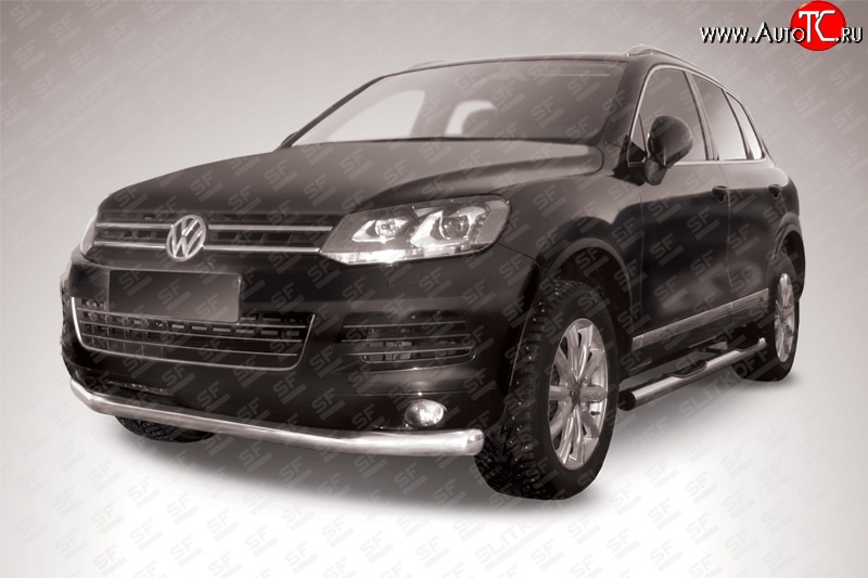 17 899 р. Одинарная защита переднего бампера диаметром 76 мм Slitkoff  Volkswagen Touareg  NF (2010-2014) дорестайлинг (Цвет: нержавеющая полированная сталь)  с доставкой в г. Кемерово