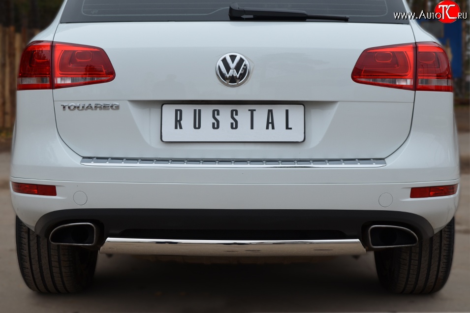 11 599 р. Защита заднего бампера (Ø75x42 мм, нержавейка) Russtal Volkswagen Touareg 2 NF дорестайлинг (2010-2014)  с доставкой в г. Кемерово